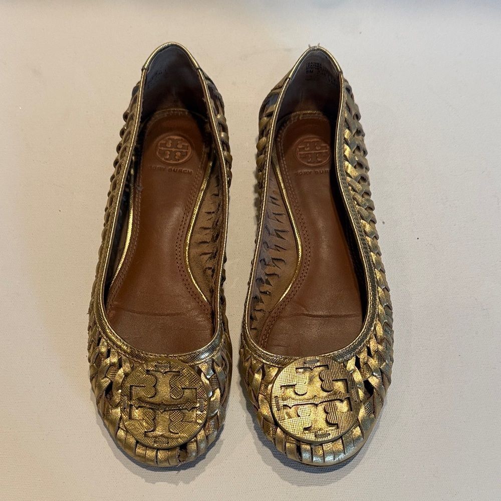 Tory Burch Metallic Gold Woven Logo Ballet Flats